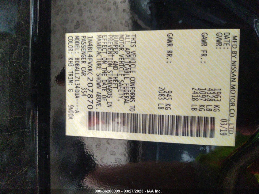 VIN 1N4BL4FVXKC207870 2019 NISSAN ALTIMA 2.5 PLATINUM