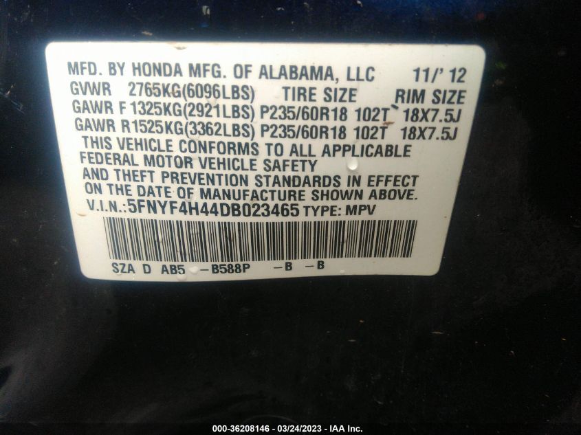 2013 HONDA PILOT EX - 5FNYF4H44DB023465