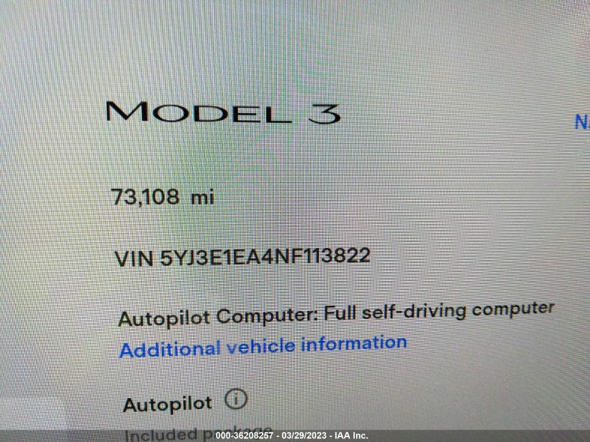 2022 TESLA MODEL 3 - 5YJ3E1EA4NF113822