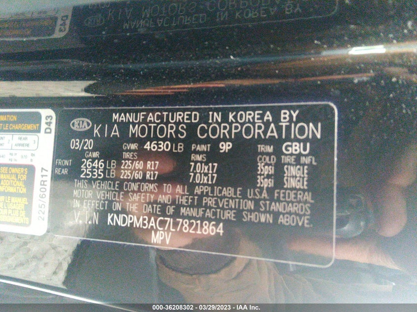 VIN KNDPM3AC7L7821864 2020 KIA SPORTAGE LX