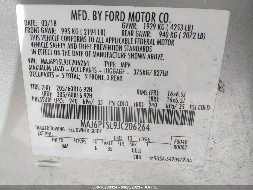 VIN MAJ6P1SL9JC206264 2018 FORD ECOSPORT S