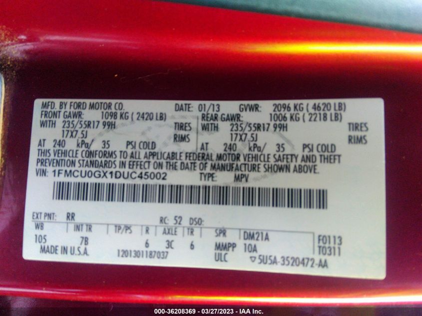 2013 FORD ESCAPE SE - 1FMCU0GX1DUC45002