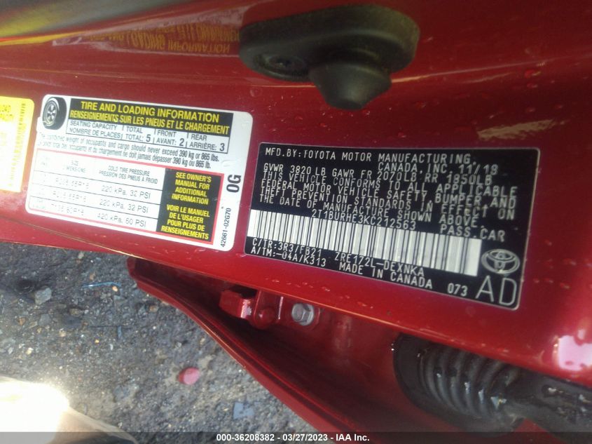 2019 TOYOTA COROLLA L/LE/SE/XLE/XSE - 2T1BURHE3KC212563