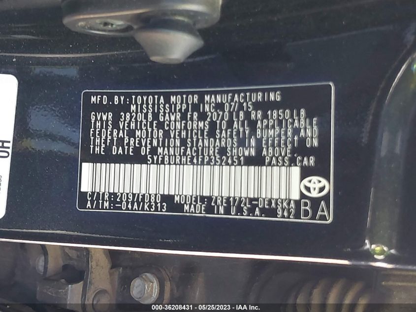 2015 TOYOTA COROLLA L/LE/S/S PLUS/LE PLUS - 5YFBURHE4FP352451