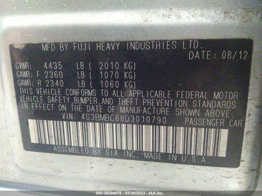 2013 SUBARU LEGACY 2.5I PREMIUM - 4S3BMBC68D3010790