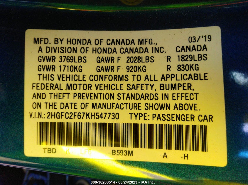 VIN 2HGFC2F67KH547730 2019 HONDA CIVIC SEDAN LX