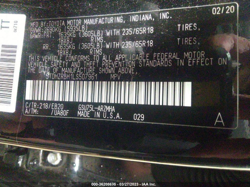 2020 TOYOTA HIGHLANDER XLE - 5TDHZRBH1LS507961