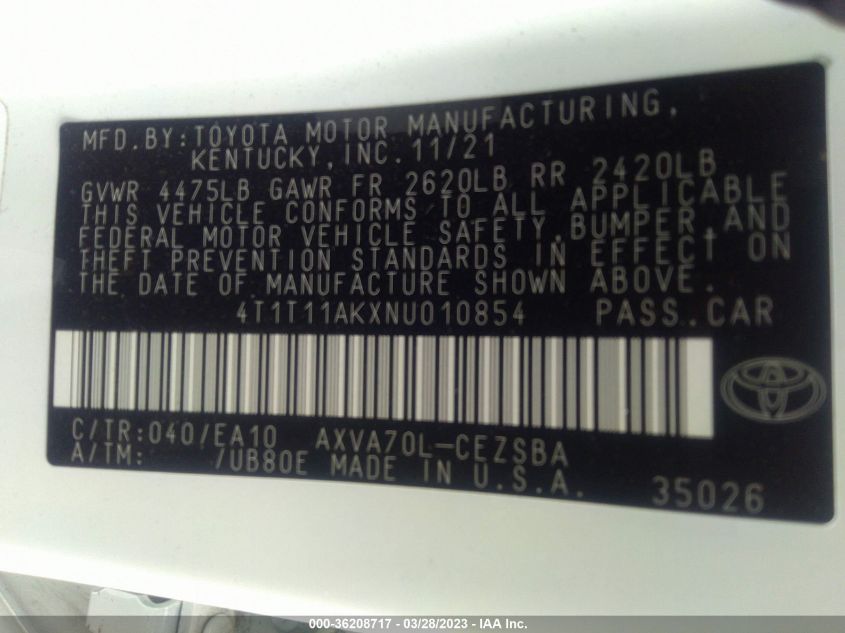 2022 TOYOTA CAMRY SE - 4T1T11AKXNU010854