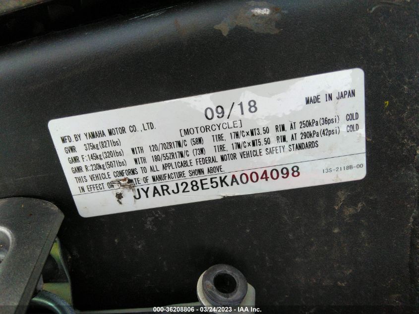 2019 YAMAHA YZFR6 JYARJ28E5KA004098