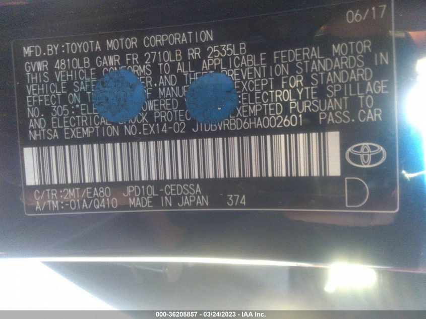 2017 TOYOTA MIRAI JTDBVRBD6HA002601