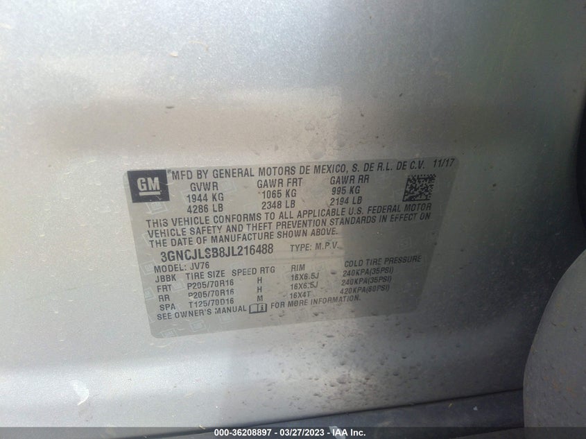 VIN 3GNCJLSB8JL216488 2018 CHEVROLET TRAX LT