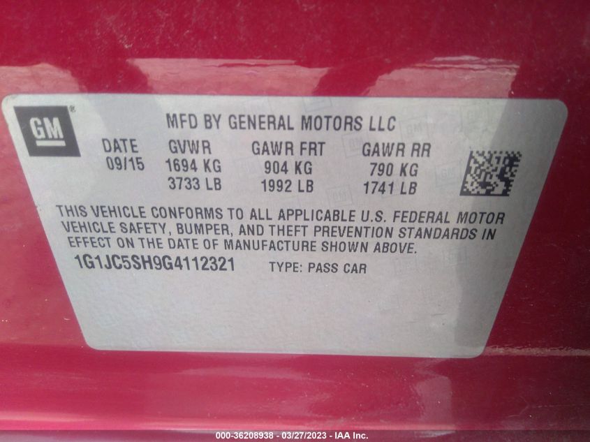 2016 CHEVROLET SONIC LT - 1G1JC5SH9G4112321