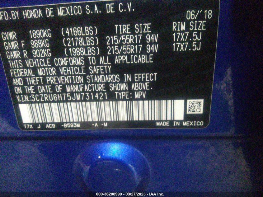 VIN 3CZRU6H75JM731421 2018 HONDA HR-V EX-L NAVI