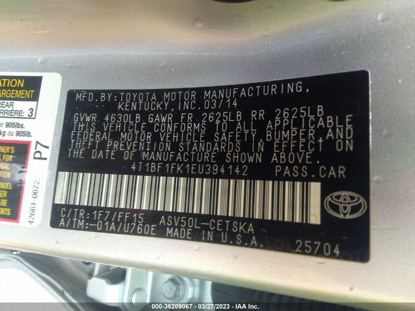 2014 TOYOTA CAMRY L/LE/XLE/SE/SE SPORT - 4T1BF1FK1EU394142