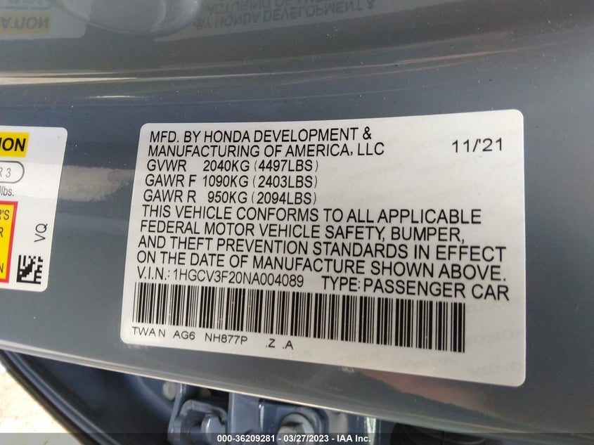 VIN 1HGCV3F20NA004089 2022 HONDA ACCORD HYBRID SPORT