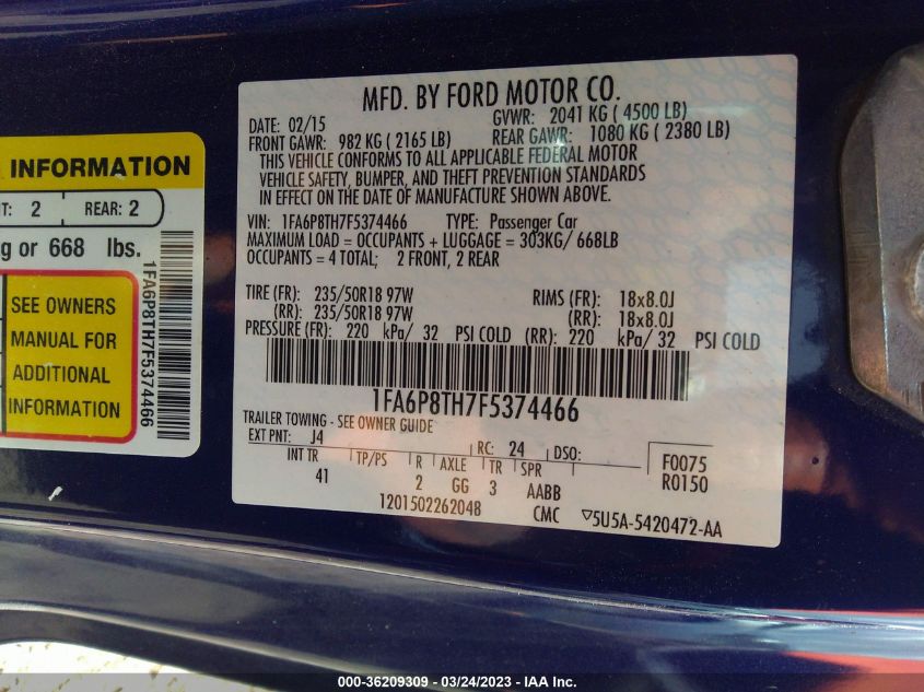 2015 FORD MUSTANG ECOBOOST - 1FA6P8TH7F5374466