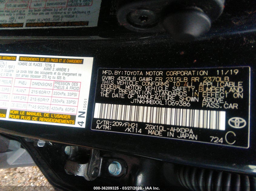 VIN JTNKHMBXXL1069386 2020 TOYOTA C-HR LE/XLE/LIMITED