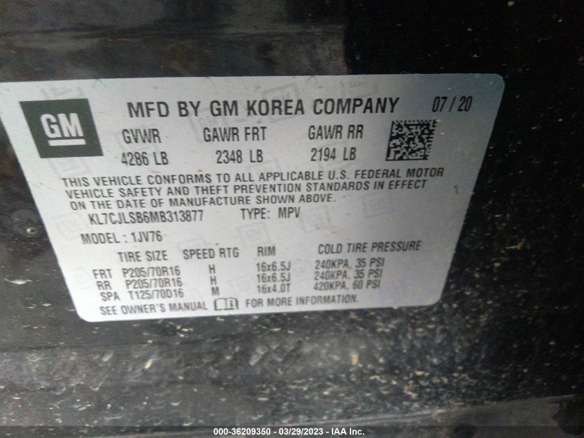 2021 CHEVROLET TRAX LT - KL7CJLSB6MB313877