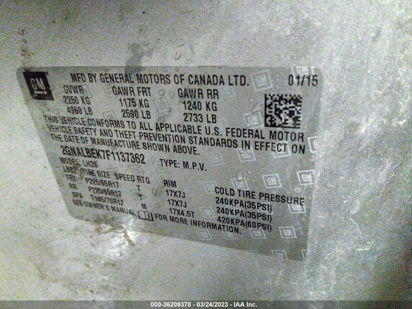 2015 CHEVROLET EQUINOX LT - 2GNALBEK7F1137362
