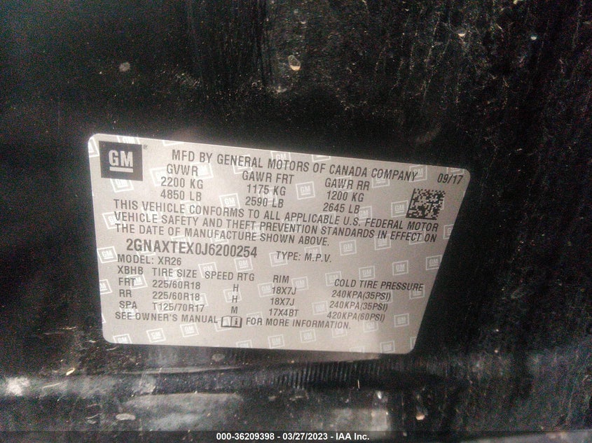 VIN 2GNAXTEX0J6200254 2018 CHEVROLET EQUINOX LT