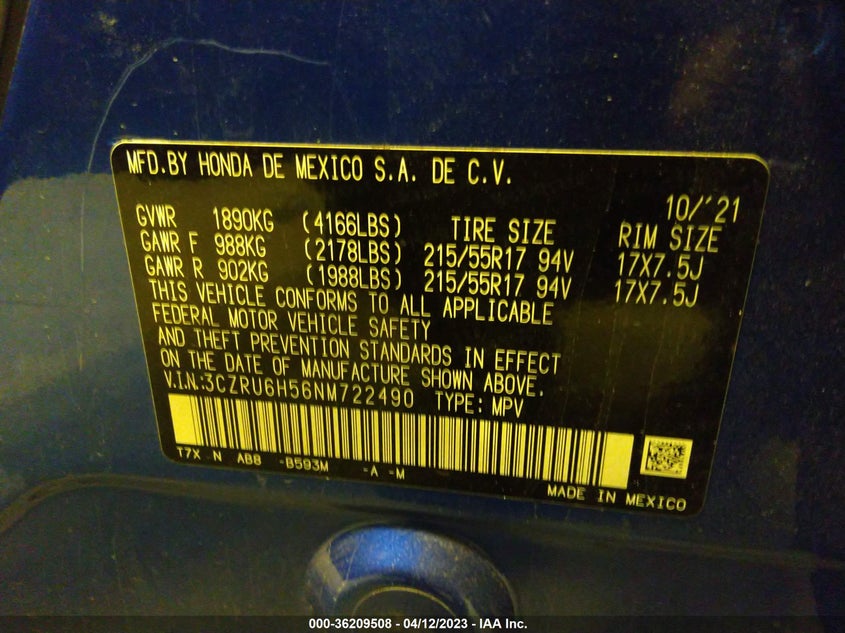 2022 HONDA HR-V 1.8L I-4 SOHC 16-VAL(VIN: 3CZRU6H56NM722490
