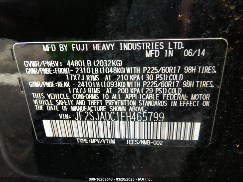 2015 SUBARU FORESTER 2.5I PREMIUM - JF2SJADC1FH465799