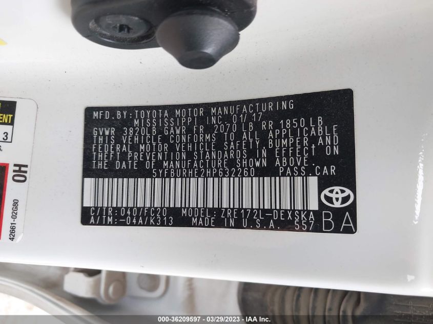 2017 TOYOTA COROLLA L/LE/XLE/SE - 5YFBURHE2HP632260