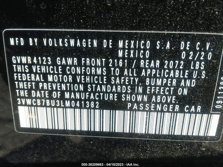 VIN 3VWCB7BU3LM041382 2020 VOLKSWAGEN JETTA S/SE/R-LINE
