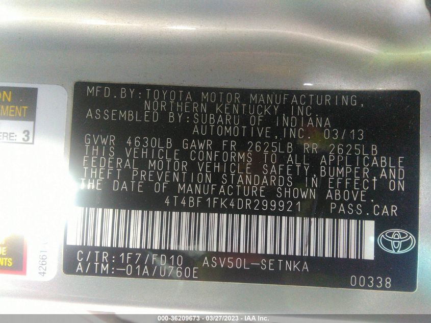 2013 TOYOTA CAMRY L/LE/SE/XLE - 4T4BF1FK4DR299921