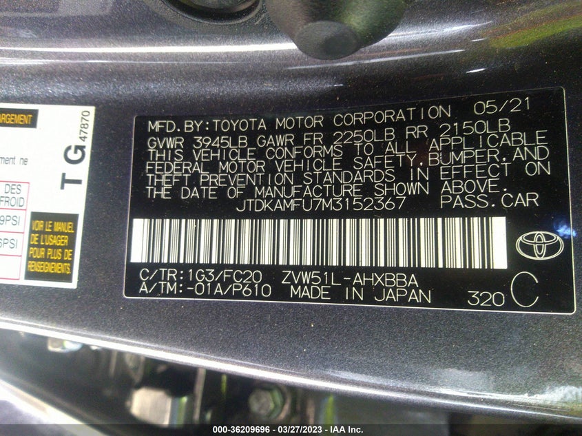 VIN JTDKAMFU7M3152367 2021 TOYOTA PRIUS L