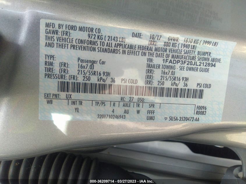 2018 FORD FOCUS SE - 1FADP3F20JL212894