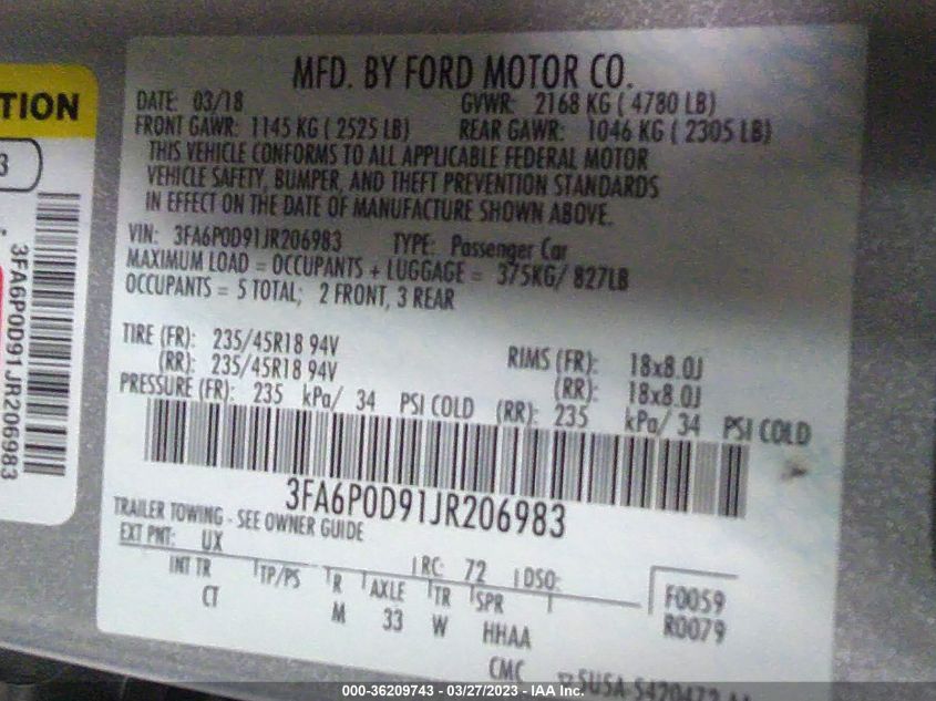 2018 FORD FUSION TITANIUM/PLATINUM - 3FA6P0D91JR206983