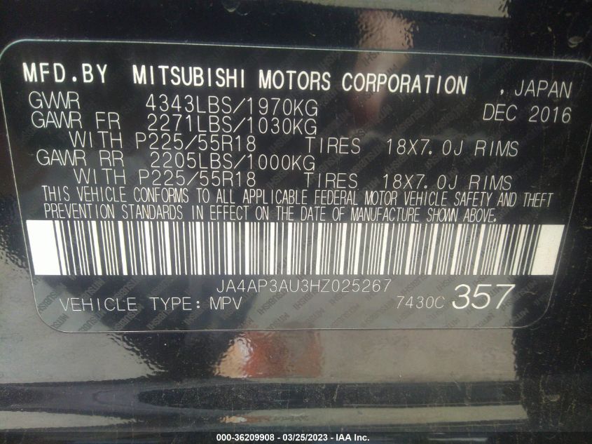 2017 MITSUBISHI OUTLANDER SPORT 2.0 - JA4AP3AU3HZ025267