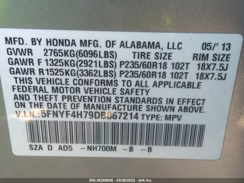 2013 HONDA PILOT EX-L - 5FNYF4H79DB067214