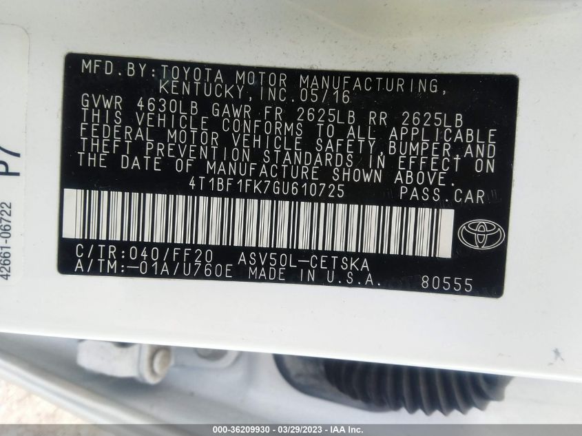 Auction sale of the 2016 TOYOTA CAMRY , vin: 4T1BF1FK7GU610725, lot number: 36209930