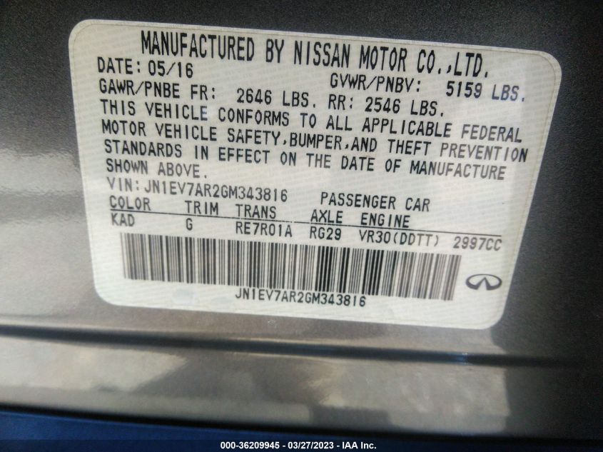 2016 INFINITI Q50 3.0T PREMIUM - JN1EV7AR2GM343816