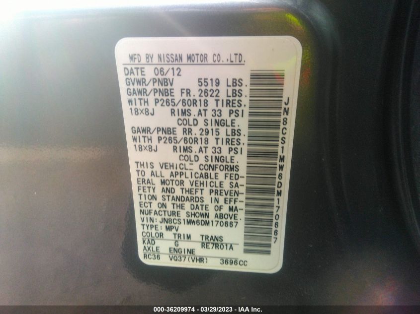 2013 INFINITI FX37 - JN8CS1MW6DM170667