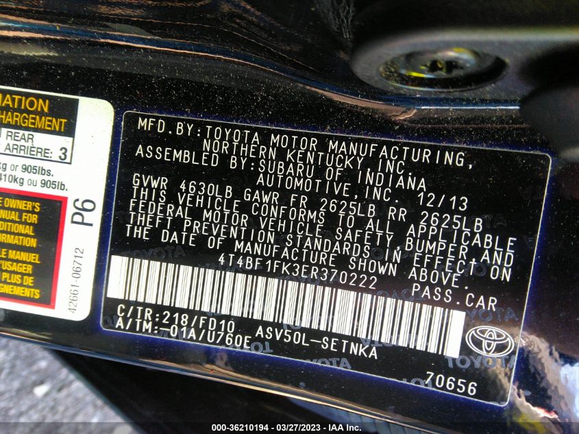 2014 TOYOTA CAMRY L/LE/XLE/SE/SE SPORT - 4T4BF1FK3ER370222