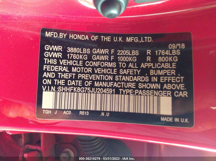 VIN SHHFK8G75JU204591 2018 HONDA CIVIC TYPE R TOURING