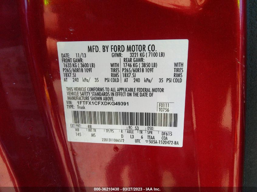2013 FORD F-150 XL/STX/XLT/FX2/LARIAT - 1FTFX1CFXDKG49391