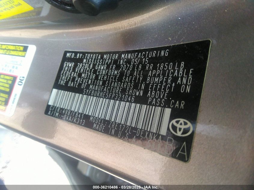 2015 TOYOTA COROLLA L/LE/S/S PLUS/LE PLUS - 5YFBURHE5FP321046