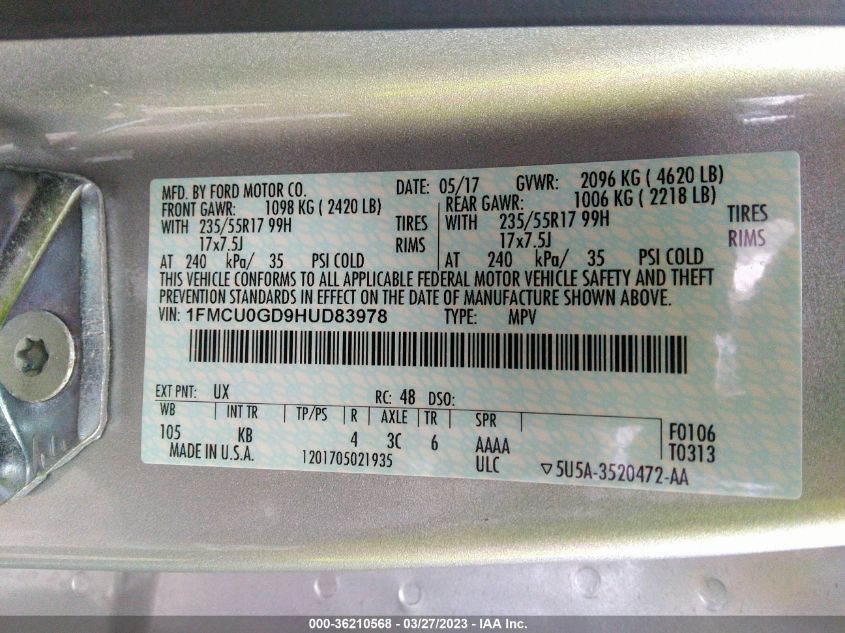 2017 FORD ESCAPE SE - 1FMCU0GD9HUD83978