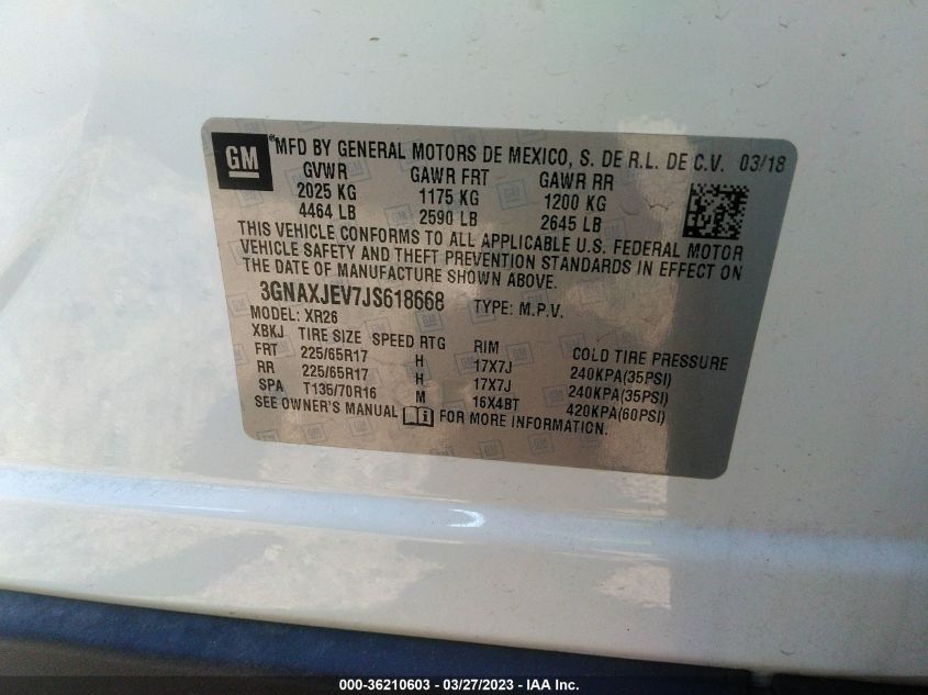 2018 CHEVROLET EQUINOX LT - 3GNAXJEV7JS618668