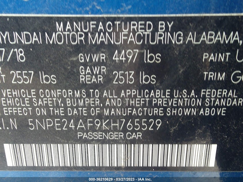 VIN 5NPE24AF9KH765529 2019 HYUNDAI SONATA SE