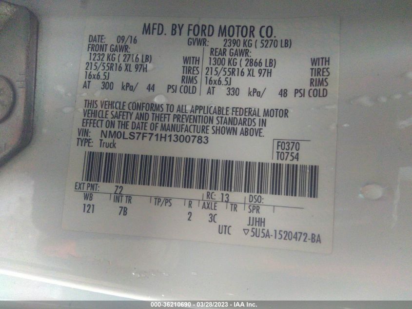 2017 FORD TRANSIT CONNECT VAN XLT NM0LS7F71H1300783