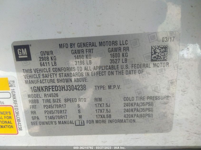 2017 CHEVROLET TRAVERSE LS - 1GNKRFED3HJ304238