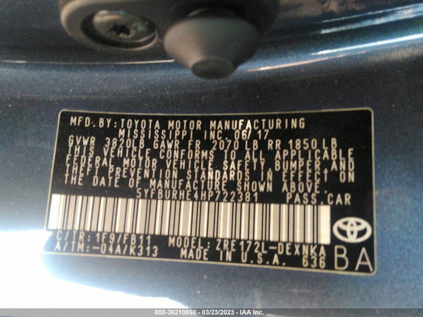 VIN 5YFBURHE4HP722381 2017 TOYOTA COROLLA L/LE/XLE/SE