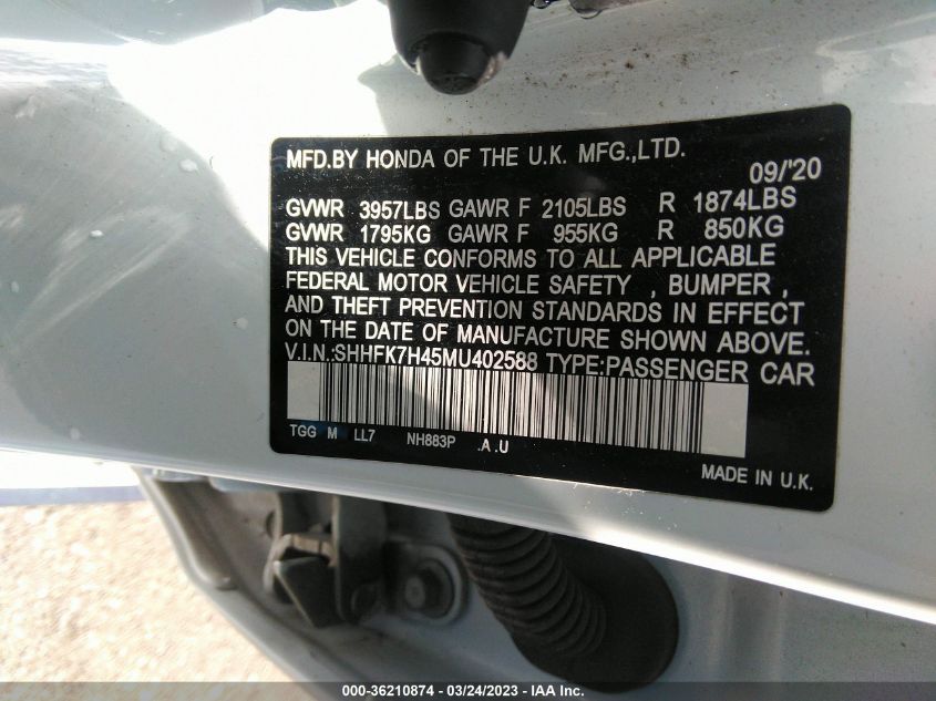 2021 HONDA CIVIC HATCHBACK SPORT - SHHFK7H45MU402588