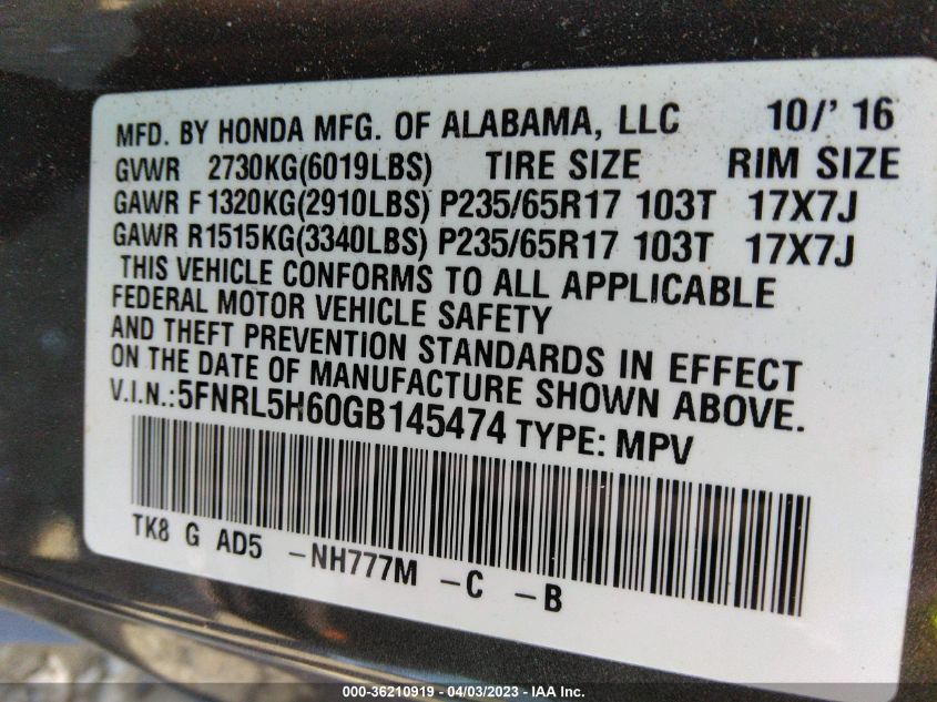 2016 HONDA ODYSSEY EX-L - 5FNRL5H60GB145474