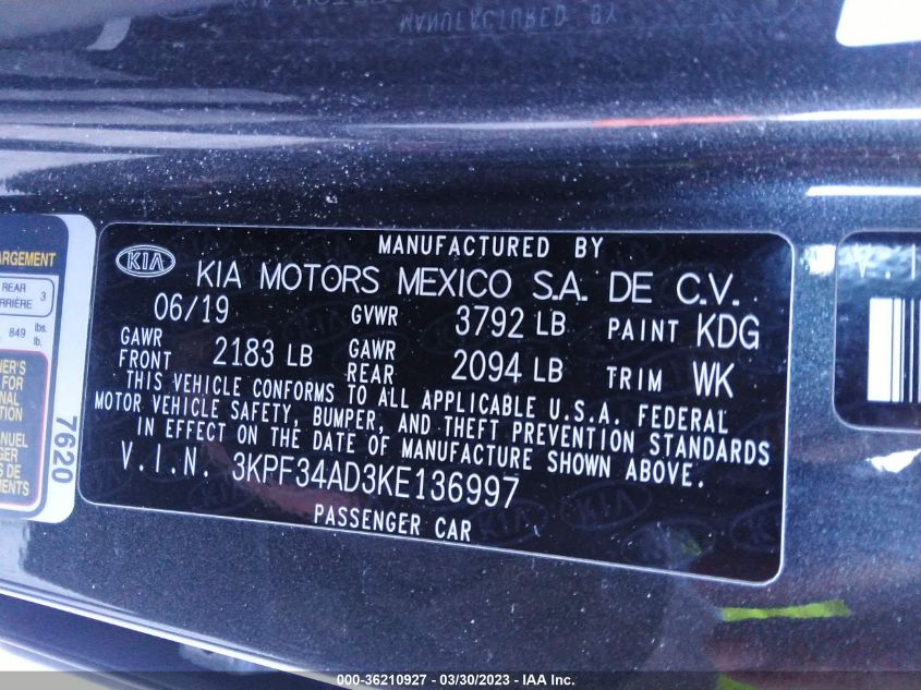 2019 KIA FORTE S - 3KPF34AD3KE136997